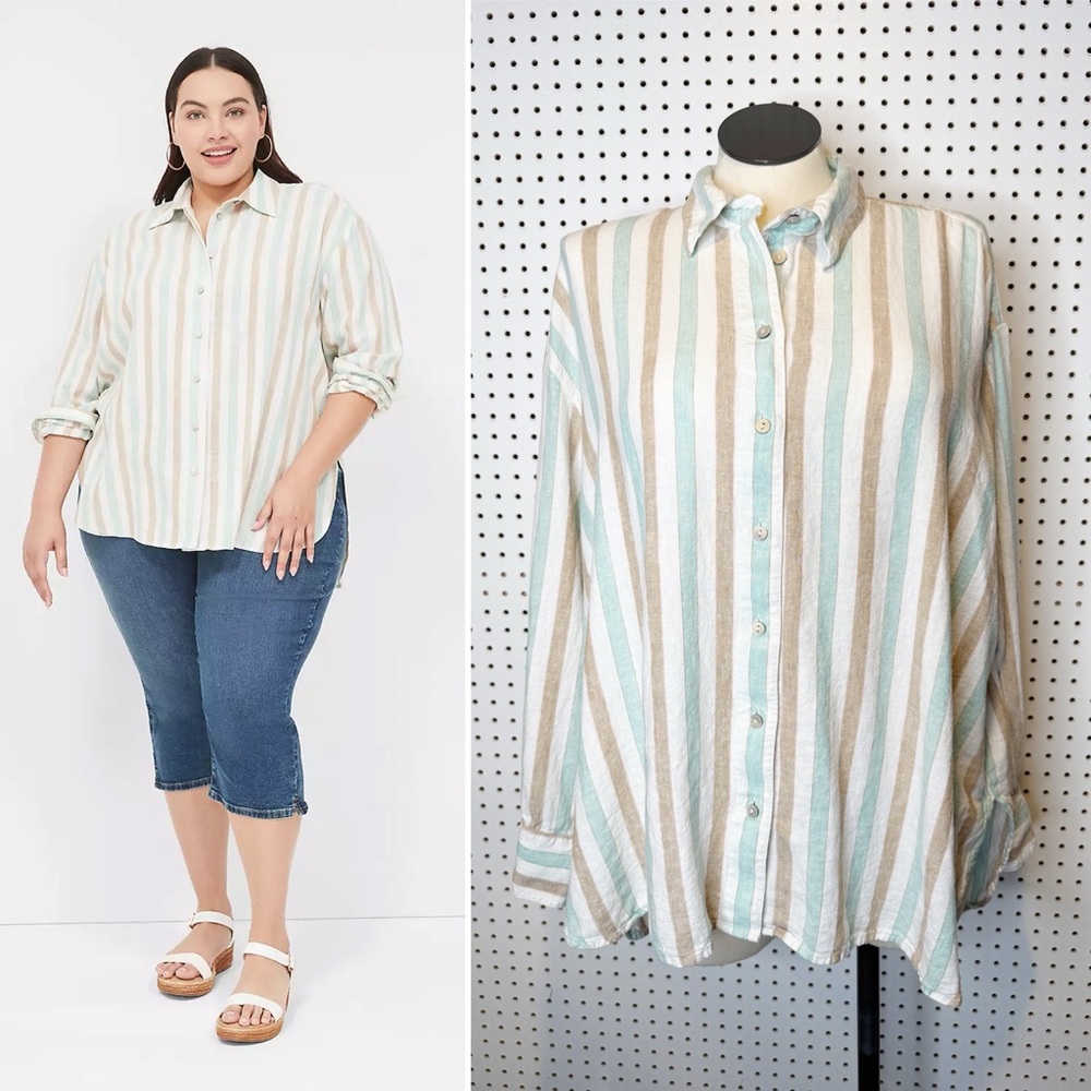 Lane Bryant | Relaxed Linen Button-Down Shirt in Multi Stripe Sz. 22/24‎